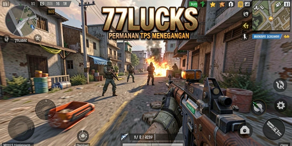 Screenshot permainan TPS 77LUCKS dengan aksi tembakan yang intens.