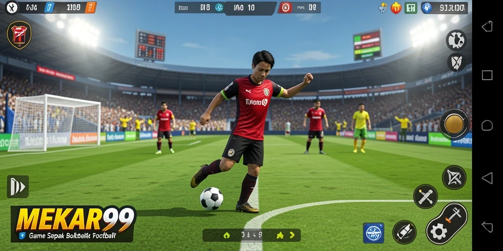Tangkapan layar gameplay MEKAR99 menampilkan aksi seru di lapangan sepak bola.